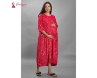 Fancyra Women Maternity Red Nightwear Maxi Dress