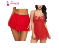 Fancyra Combo Set of Red Mini Skirt and Lingerie