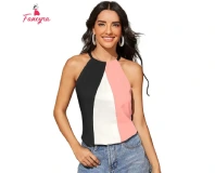 Fancyra Sleeveless Solid Fancy Round Pink Tank Top