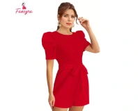 Fancyra Women Stylish Puff Sleeve Red umpsuit